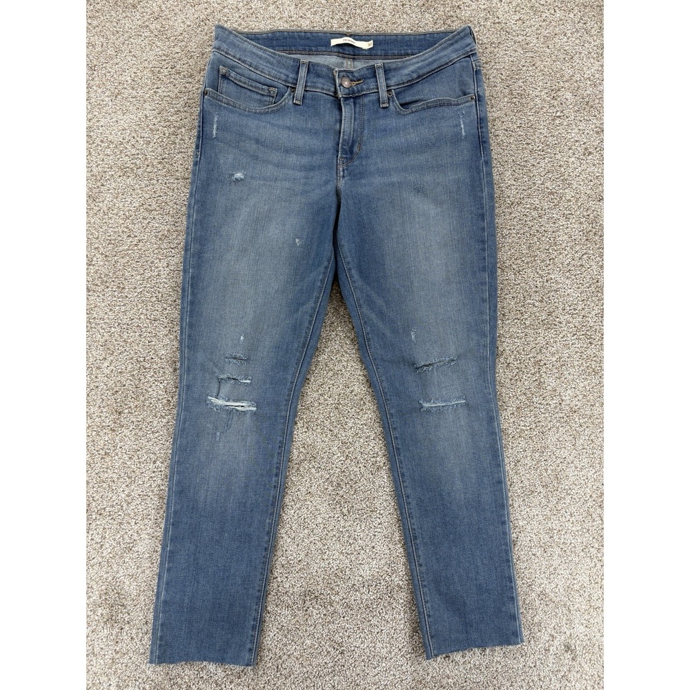 Levis 711 Skinny Crop Jeans Womens 30 Blue Ankle Fray Raw Hem Stretch Distressed